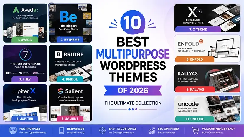 10 Best Multipurpose WordPress Themes of 2026 ultimate collection featuring Avada, BeTheme, The7, Bridge, Jupiter, Salient, X Theme, Enfold, Kallyas and Uncode for business and website building